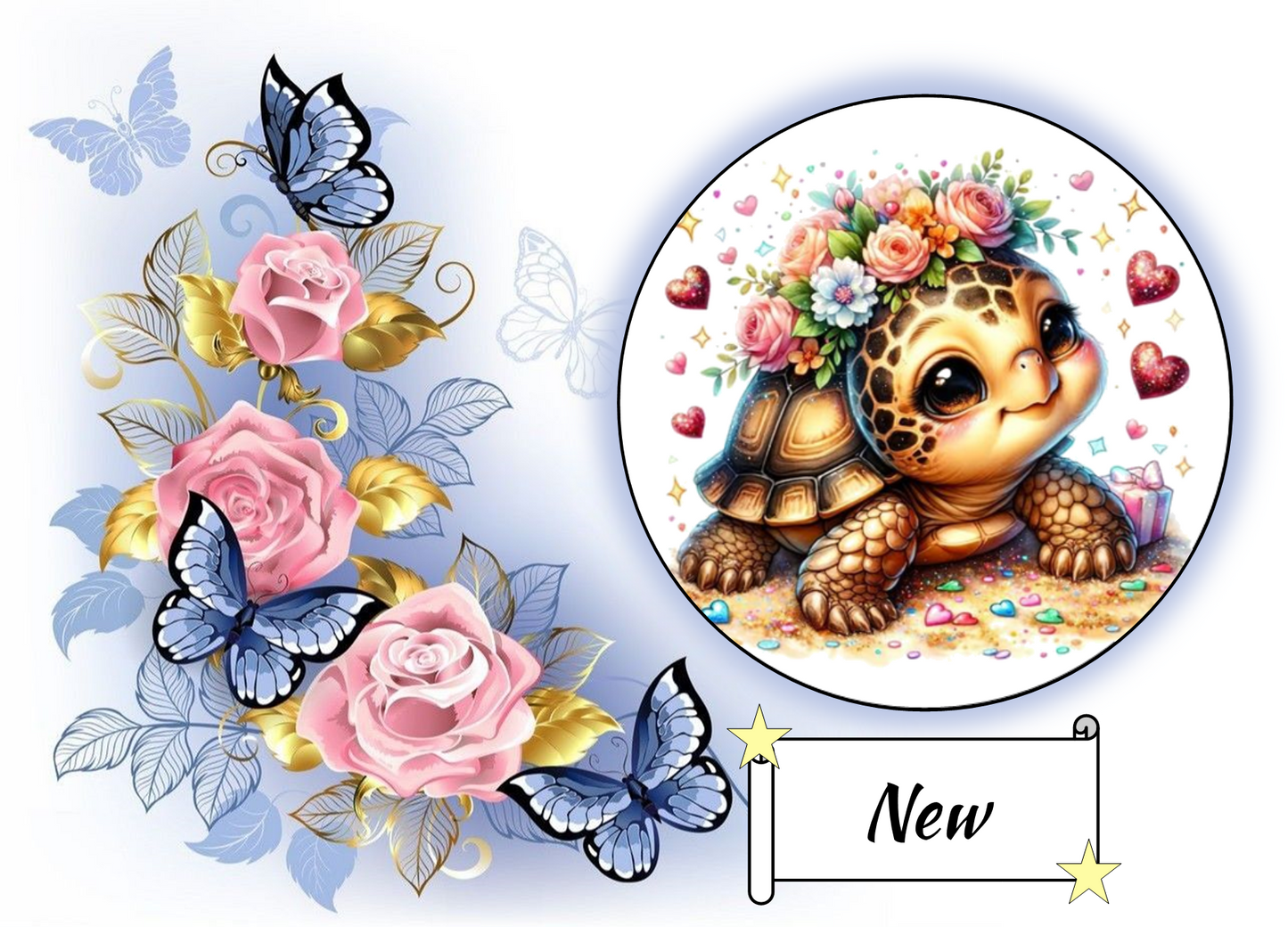 Baby Turtle with Hearts and Flowers 1054