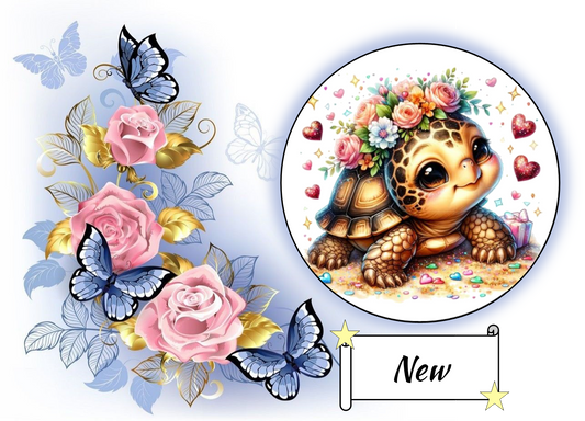 Baby Turtle with Hearts and Flowers 1054