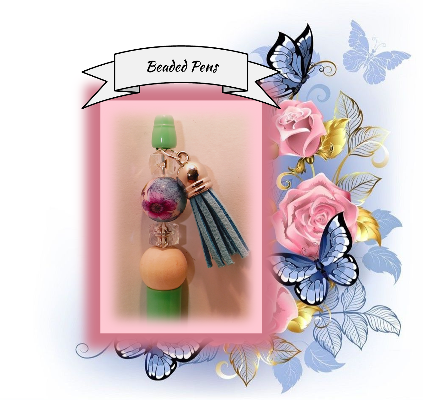 Light Green Pen with Blue and Green Floral Bead 56