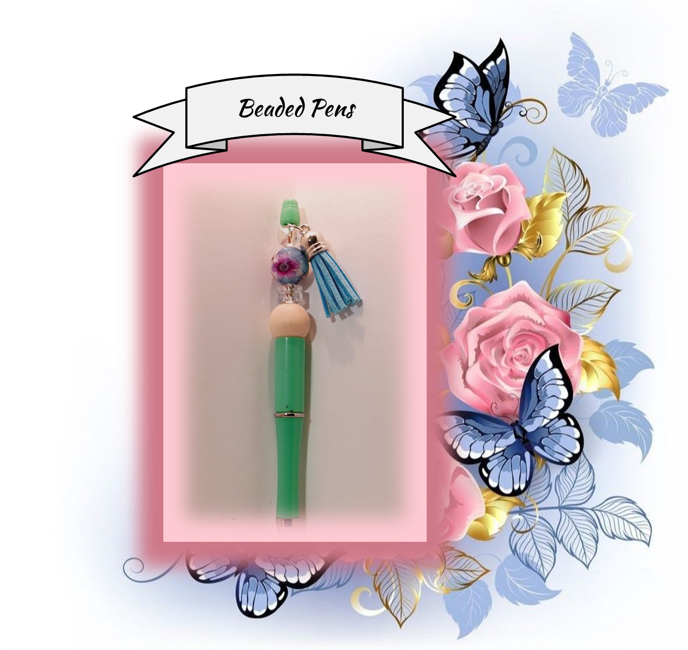 Light Green Pen with Blue and Green Floral Bead 56