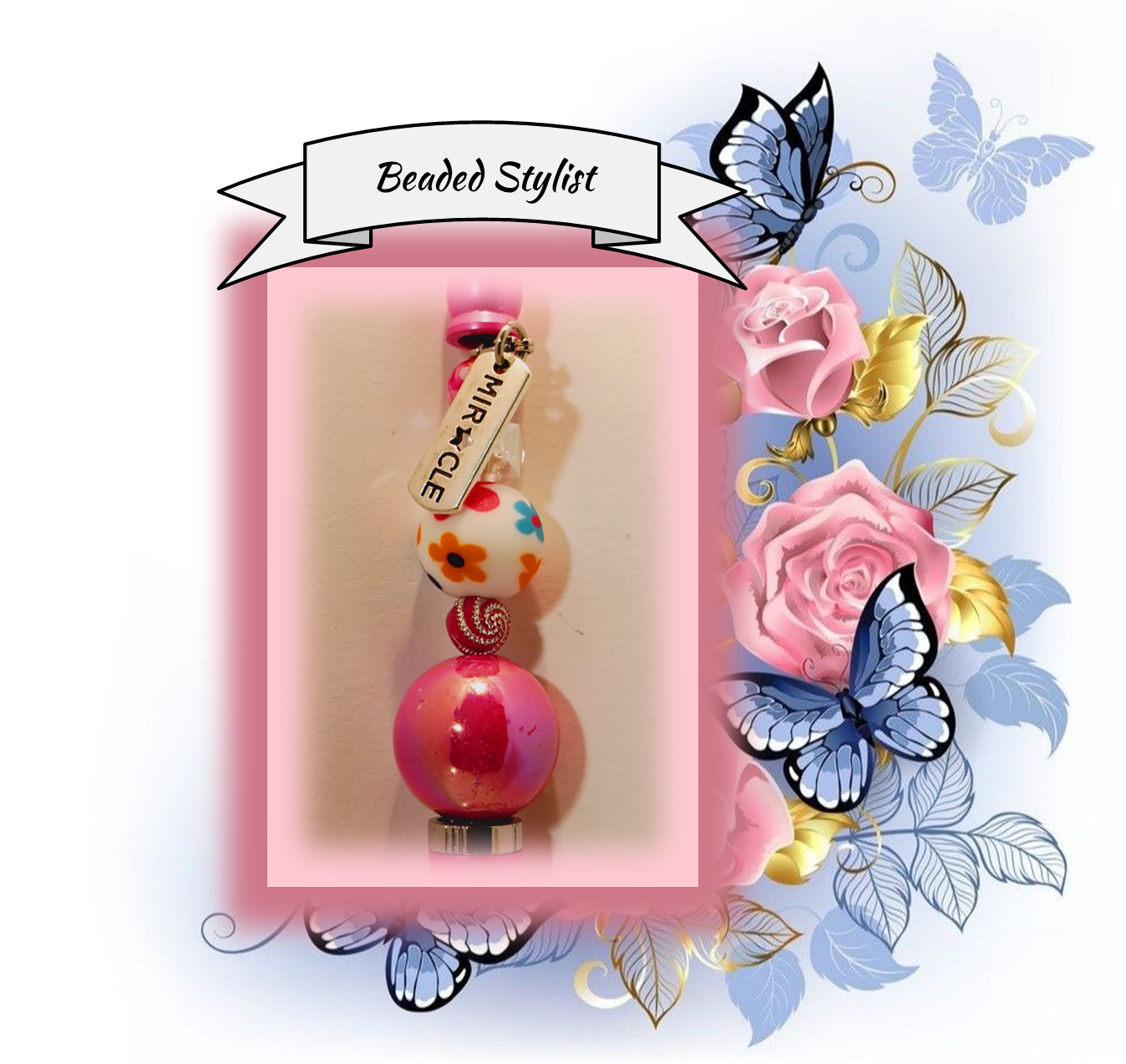 Hot Pink Stylus Pen with Floral Beads 165