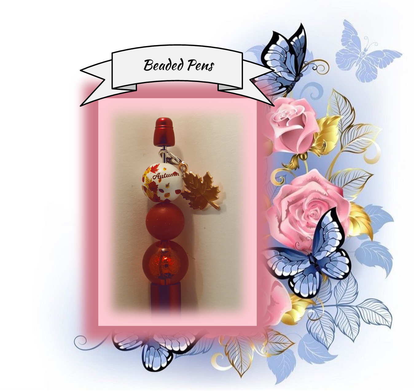 Red Pen with Autumn Bead and a Leaf 149