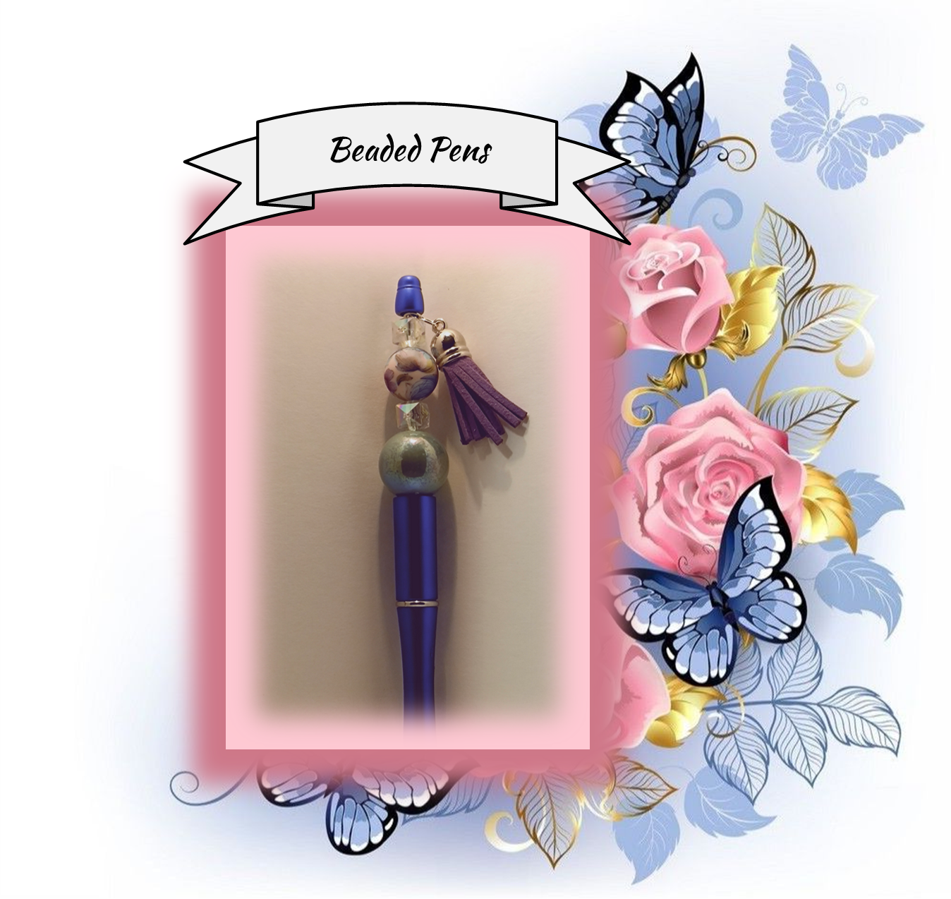 Dark Blue Pen with Blue and Purple Flower Bead 126